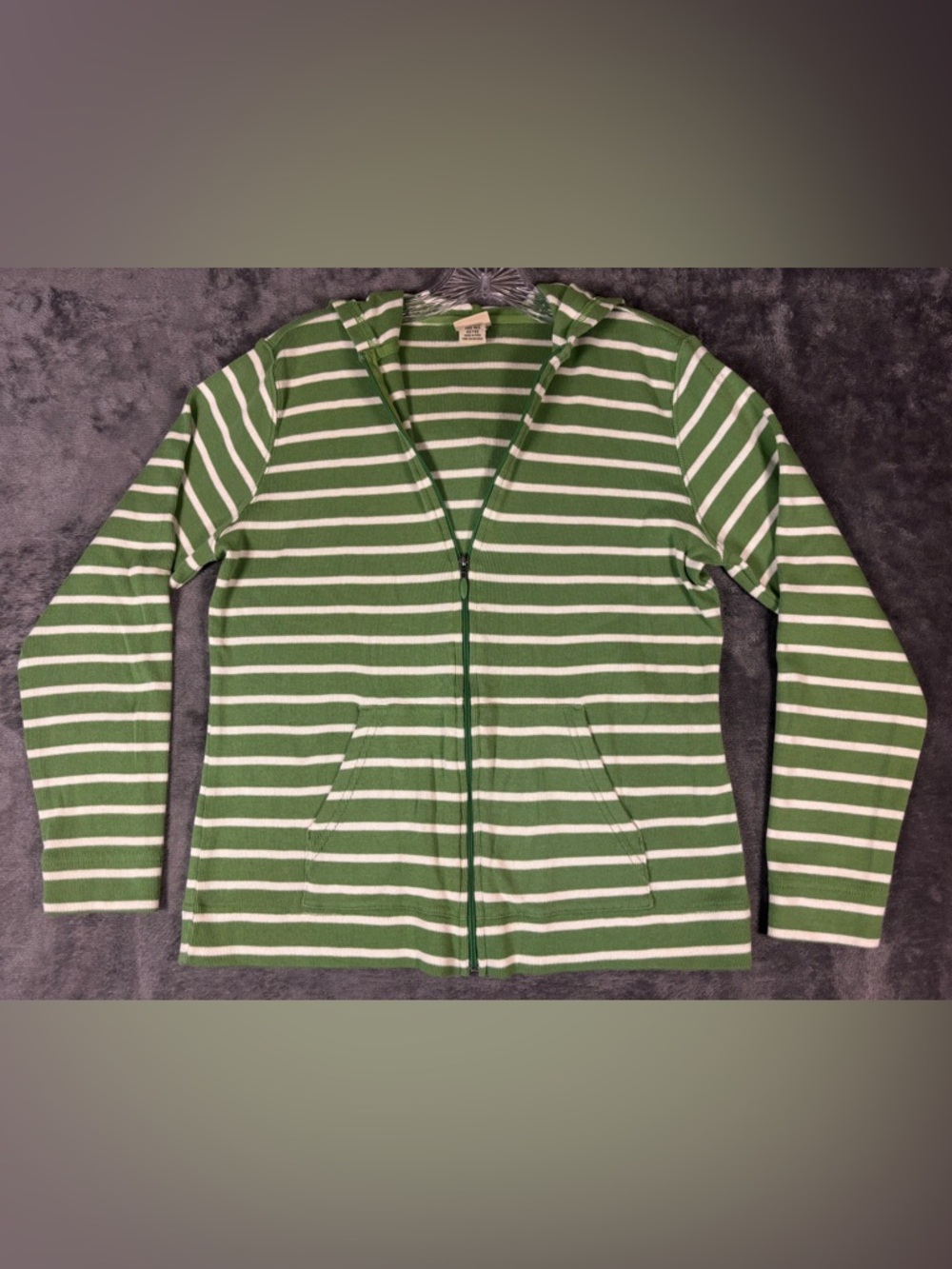 L.L. Bean Women's Cotton Green/White Stripe Zip-Up Drawstring Hoodie Size Medium
